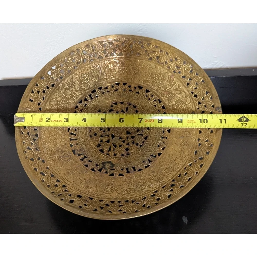 Vintage Pierced Brass Bowl With a Floral and‎ Berries Pattern 11